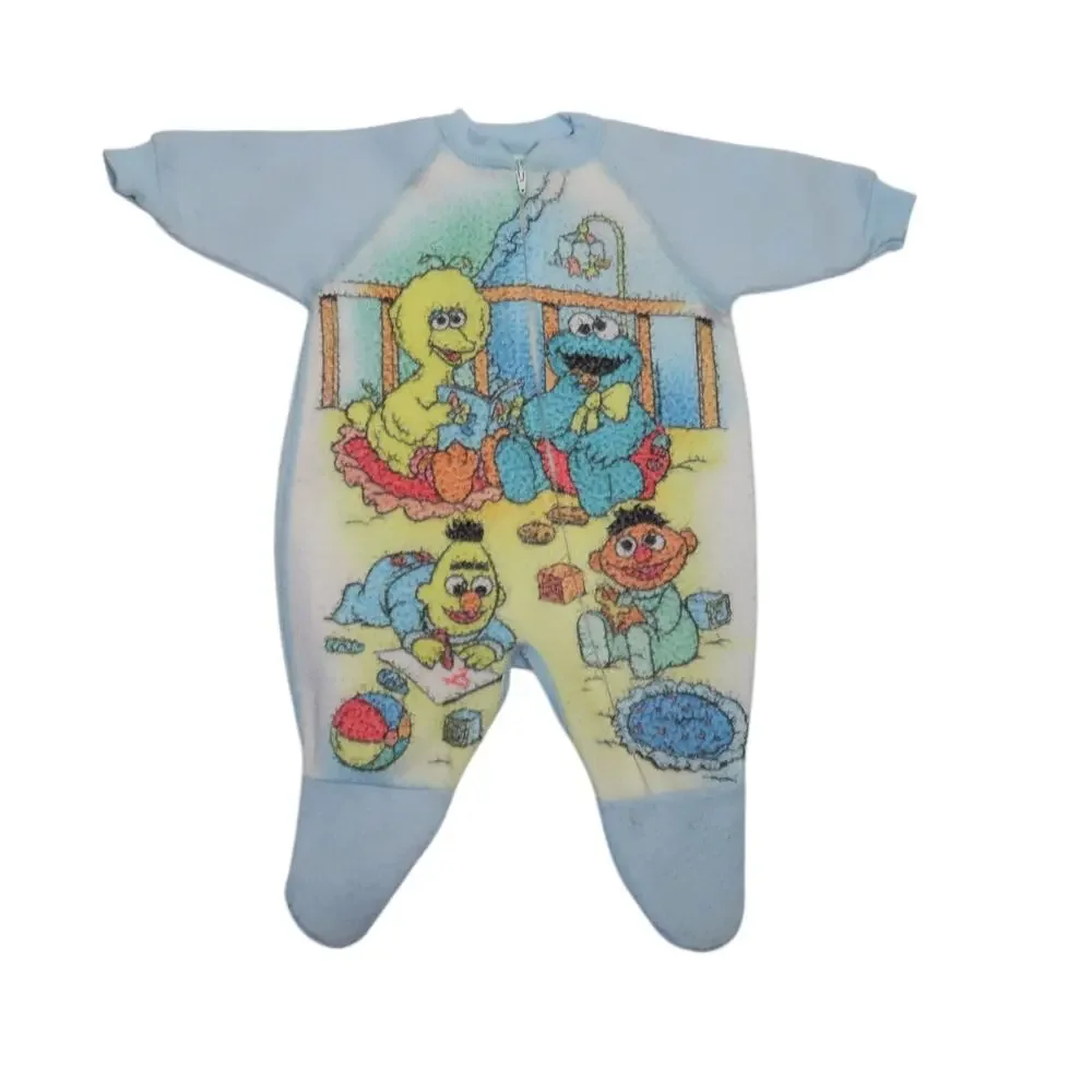 Vintage Sesame Street Babies Blue One Piece Zip Pajama 6 Months